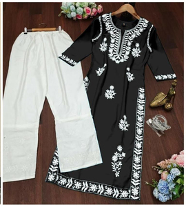 Conjunto de Kurta Plazzo bordado con estampado de ropa india y paquistaní listo para usar para mujer con talla grande disponible - Product Image 2