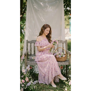 Robe longue rose à fleurs pour femme, à épaules dénudées, en mousseline à volants étagés, élégante, style bohème, pour l'été et les fêtes, faible MOQ, services OEM ODM - Product Image 1
