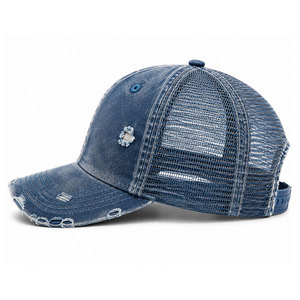 Customized Distressed Blue Denim Trucker Hat <b>Vintage</b> Washed Snapback <b>Cap</b> with Frayed Details With Best Quality - Product Image 2