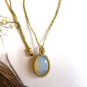 Handmade Macrame Blue Opal and Freshwater Pearl <b>Necklace</b> Oval Pendant Gold Cord Boho <b>Statement</b> Healing Jewelry Wholesale Gift - Product Image 1