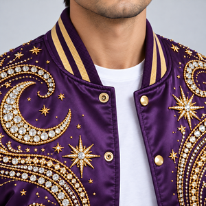 Veste en satin pour homme avec strass, veste bomber luxueuse ornée de cristaux brillants, vêtements de rue élégants, vêtements de soirée - Product Image 6