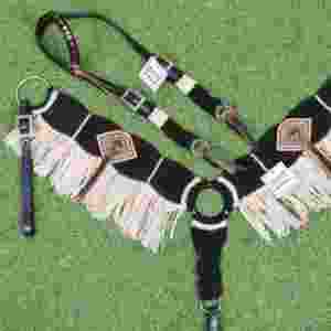 Juego de cabezada de mohair gris oscuro, azul cielo y beige sobre cuero argentino - Product Image 2