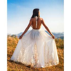 Robe longue bohème pour femmes, sans manches, col halter, avec insert en dentelle, robe longue pour l'été, plage, resort - Product Image 4