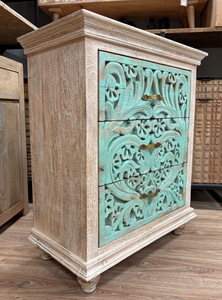 Commode orientale sculptée en bois massif indien turquoise finition naturelle, fabriquée à la main, pour la maison, le bureau ou la chambre à coucher, OEM - Product Image 5