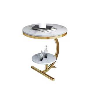 <b>Round</b> White Top <b>Side</b> <b>Table</b> <b>Gold</b> Angled Rod Frame Two Tier Modern Handcrafted Eco Friendly Living Room Bedroom Furniture - Product Image 5