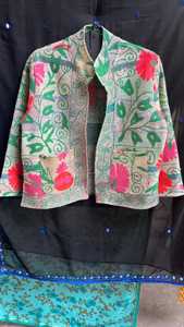 Unique Indian Style Floral Embroidered <b>Tweed</b> <b>Jacket</b> Loose Fit Full Sleeve Boho Style Hand Embroidery Collarless Daily Wear - Product Image 2