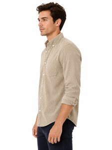 Chemise décontractée d'été en popeline de coton beige pour homme, à manches longues, col classique, poche poitrine unique, coupe droite - Product Image 2