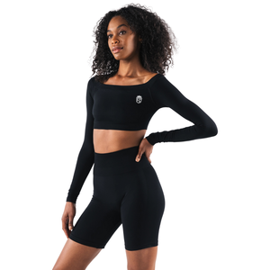 Top Corto Deportivo Negro sin Costuras para Mujer, de Manga Larga y Hombros Descubiertos, Elástico, para Gimnasio, Yoga, Entrenamiento, Ejercicio, Ropa Deportiva - Product Image 2