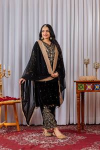 Ensemble Salwar Kameez en velours noir pour femmes, brodé de sequins et de perles, avec dupatta, pour mariage ou fête - Product Image 2