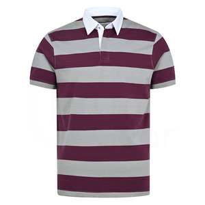 เสื้อโปโลผู้ชาย แขนสั้น ลายทาง ผ้าถัก ทรงปกติ ปกสีขาว ลายสีม่วงเทา - Product Image 1