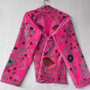 Pink Velvet Embroidered Mandarin Collar <b>Boho</b> Jacket Long Sleeve Floral Print Loose Fit Winter Wear <b>Summer</b> Casual <b>Dress</b> - Product Image 4