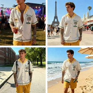 Chemise à manches courtes pour homme, motif palmier tropical, style printemps-été, 100% coton, confortable et ample, Rainbow Spray - Product Image 4