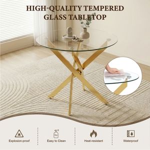 Tavolo da Pranzo Moderno in Vetro da 35,5 Pollici con Gambe Dorate, Tavolo Rotondo per Cucina e Sala da Pranzo - Product Image 4