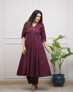 Maroon V-Neck A-Line Midi <b>Dress</b> with Sequin Embroidery Long Sleeve Casual <b>Loose</b> Fit Woven Cotton Summer <b>Dress</b> - Product Image 3