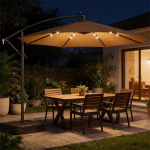 Ombrellone da Esterno Color Tan con Base per Terrazza e Cortile, Design Elegante per Uso Domestico - Product Image 1