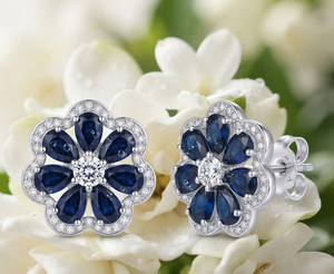Blue Sapphire Flower <b>Stud</b> <b>Earrings</b> 925 <b>Sterling</b> <b>Silver</b> Rhodium Plated Floral <b>Earrings</b> for Women Gift Wedding Party - Product Image 3