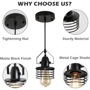 Lampada a Sospensione Nera in Metallo a Gabbia per Sala da Pranzo, Attacco E26, 1 Luce, Paralume a Molla [Senza Lampadina] [Lampadari e Lampade a Sospensione] - Product Image 4