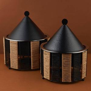 Modern Round Chafing Dish Boho Style Rope Woven Buffet Stand Stainless Steel Food Warmer with <b>Cone</b> Lid Single Unit - Product Image 4