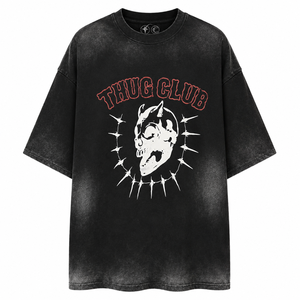 Camiseta Oversize para Hombre con Lavado Ácido, Camiseta Negra Estilo Urbano con Estampado Gráfico de Calavera Vintage, Algodón Pesado con Hombros Caídos - Product Image 1