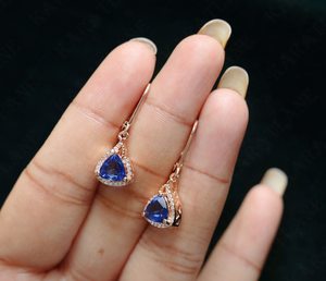 Pendientes Colgantes de Zafiro Azul con Moissanita y Halo, Cierre de Palanca, Joyería para Mujer - Product Image 6