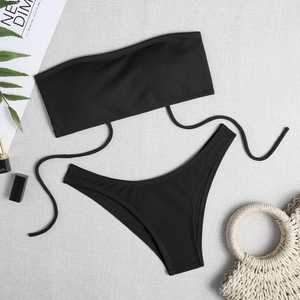 Ensemble de bikini bandeau vert uni pour femme avec bas de maillot de bain string à cordon en Spandex et Polyester extensible - Product Image 4