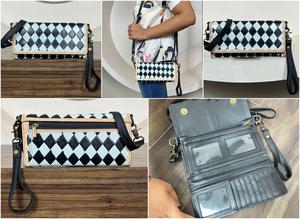 Prix usine usiné à la main en cuir à carreaux longue pochette portefeuille en cuir de vachette véritable bandoulière bracelet à trois volets portefeuilles pour femmes - Product Image 3
