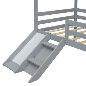 <b>Twin</b> Low Loft House <b>Bed</b> for Kids Grey with Slide Ladder Safety Guardrails House Roof <b>Frame</b> - Product Image 3