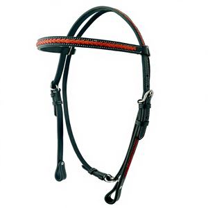 Cabezada para caballo estilo western ajustable, trenzada a mano, de cuero genuino, con frenteal de cuero crudo rojo y cuero negro 519 - Product Image 1