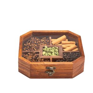 Boîte à épices en bois artisanale avec rangement compartimenté, design traditionnel sculpté pour la cuisine - Product Image 2