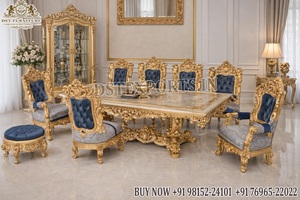 Muebles de Comedor Europeos de Lujo Tallados a Mano, Comedor Tapizado Estilo Corona con Gabinete, Compre un Juego de Comedor de Madera de Teca en el Reino Unido - Product Image 4