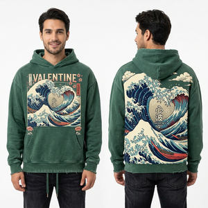 Sudadera con Capucha de San Valentín con Diseño de la Gran Ola Japonesa para Hombre, Personalizada, Verde, Estilo Vintage, Streetwear, con Gráfico de Corazón Estilo Ukiyo-e - Product Image 1