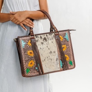 Hair On Hand Tooled Leather Women Tote Bag Western Genuine Leather <b>Concealed</b> Carry Crossbody Purse Premium High Quality Handbags - Product Image 1