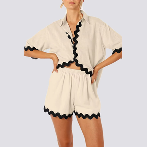 Nouvel ensemble décontracté pour femme : chemise ondulée contrastante et short deux pièces - Product Image 4