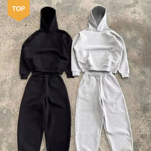 ชุดเสื้อฮู้ดครอปโอเวอร์ไซส์แบบยูนิเซ็กซ์ สีพื้น ผ้าฝ้ายเฟรนช์เทอร์รี่ สวมใส่สบายๆ สำหรับฤดูใบไม้ร่วง สีดำ สีเทา - Product Image 4