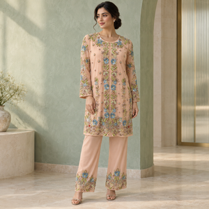 Ensemble tunique élégante brodée de fleurs avec manches longues transparentes et pantalon assorti pour tenue de soirée festive, style ethnique élégant - Product Image 2
