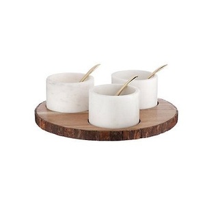 Designer Marble Bowl Set with Wooden <b>Tray</b> Three Cup Serving Set Mix Stone <b>Condiment</b> Holder Modern Kitchen Tabletop Decor Luxury - Product Image 2