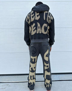 Men's Custom Distressed <b>Embroidery</b> Patch Tracksuits Street Wear Acid Wash Sweatpants And Hoodie Tracksuit <b>Set</b> For Men - Product Image 2