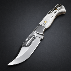 Cuchillo de caza de acero de Damasco para exteriores, cuchillo de hoja fija con mango de cuerno de madera, cuchillo portátil de supervivencia para camping - Product Image 6