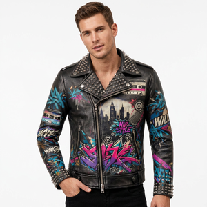 Veste de moto en cuir pour homme, style punk, avec imprimé graffiti, décorations à rivets, fermeture éclair, col rabattu, pour l'automne - Product Image 4