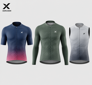 Maillot de cyclisme pour hommes, manches courtes, manches longues, gilet, couleur dégradée, évacuation de l'humidité, respirant, séchage rapide, coupe ajustée, col montant, fermeture éclair - Product Image 1