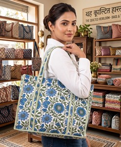 Indian <b>Hand</b> Block Printed Quilted Women's Winter Summer Fashion Tote Shopping Carry Shoulder Bag Multi-Color Geometric Flowers - Product Image 2