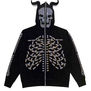 Sweat à capuche noir pour homme avec strass et motif crâne, coupe oversize, fermeture éclair intégrale, design gothique, motif squelette sur toute la surface, coupe classique, idéal pour l'automne - Product Image 2