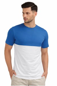 T-shirt à col rond colorblock bleu et blanc de qualité supérieure – Mélange de coton ultra-doux et respirant, essentiel pour un style décontracté - Product Image 1