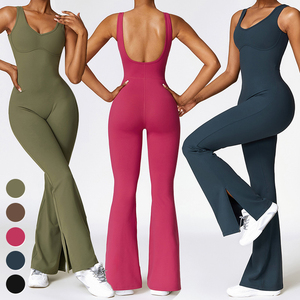 Women Women Solid Color High Waist <b>Flared</b> Leg Bodysuit With Hollow Back Seamless Yoga Jumpsuit Full Length Four-Way Stretch - Product Image 2