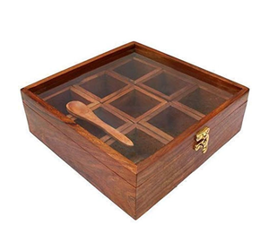 Caja de especias de madera de diseño moderno con 9 compartimentos y revestimiento de color madera natural, con cuchara. - Product Image 1