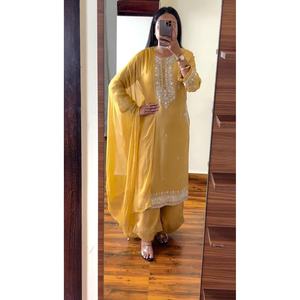 MODA CHINON BORDADO SECUENCIA TRABAJO A MANO TOP PALAZZO CON DUPATTA AMARILLO - Product Image 1