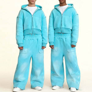 Custom Cropped Printed Flared <b>Hoodie</b> and Sweatpants Set Baggy Cotton Acid Wash Streetwear Tracksuit for Men - Product Image 2