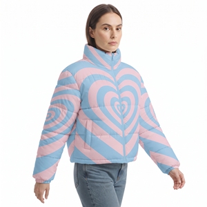 Blouson matelassé pour femme avec ceinture et imprimé cœurs colorés, manteau d'hiver à capuche, personnalisable par sublimation, chaud et rembourré, pour l'extérieur, tendance - Product Image 4