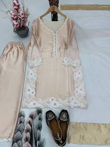 Cream <b>Indian</b> Pakistani Outfit Set Long <b>Top</b> Embroidered Dress with Dupatta Pearl Moti Lace Party Wear - Product Image 5