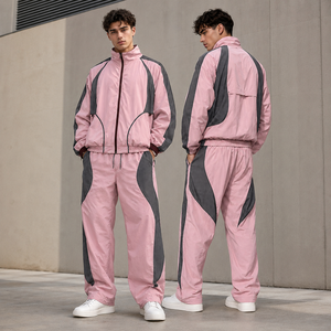 Men's <b>Pink</b> Gray Color Blocking Racer <b>Jacket</b> With Zipper Closure Sporty Loose Fit Stand Collar Breathable Spring Outerwear - Product Image 3